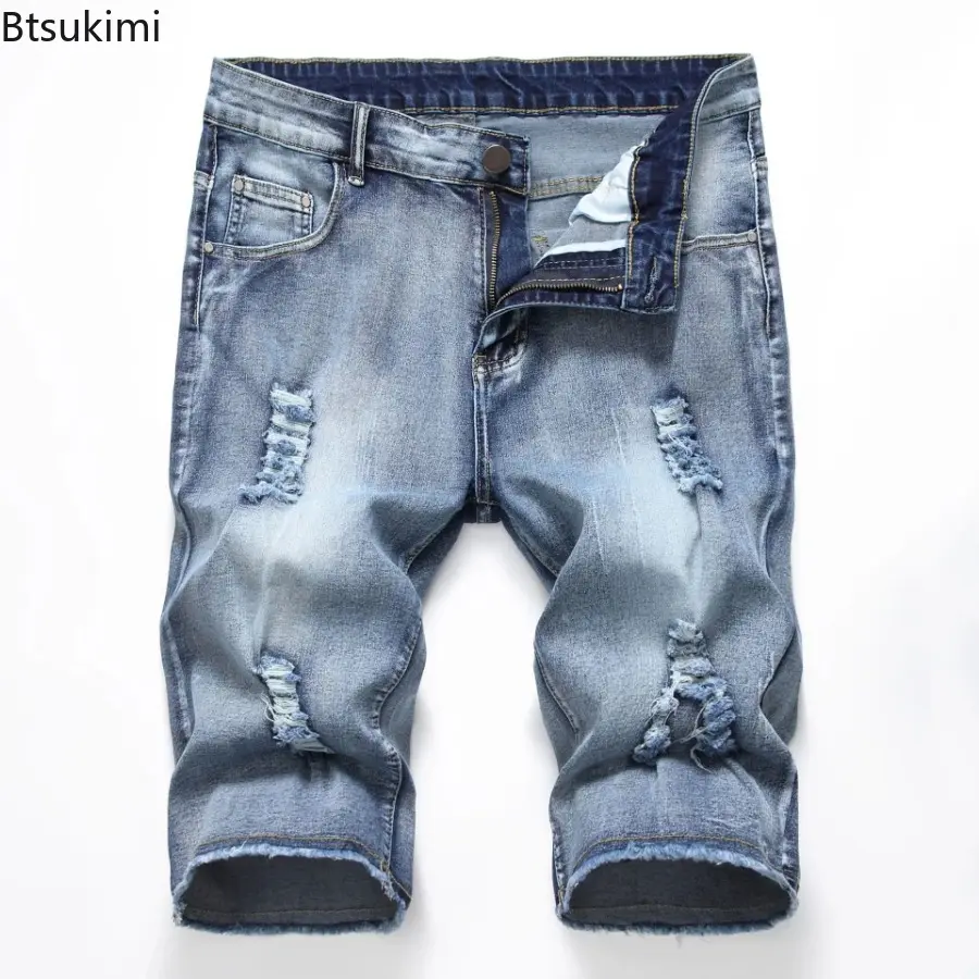 2025 New Denim Shorts for Men Fashion Casual Stretch Straight Short Jeans Men Summer Trend Holes Slim Fit Cowboy Short Trousers