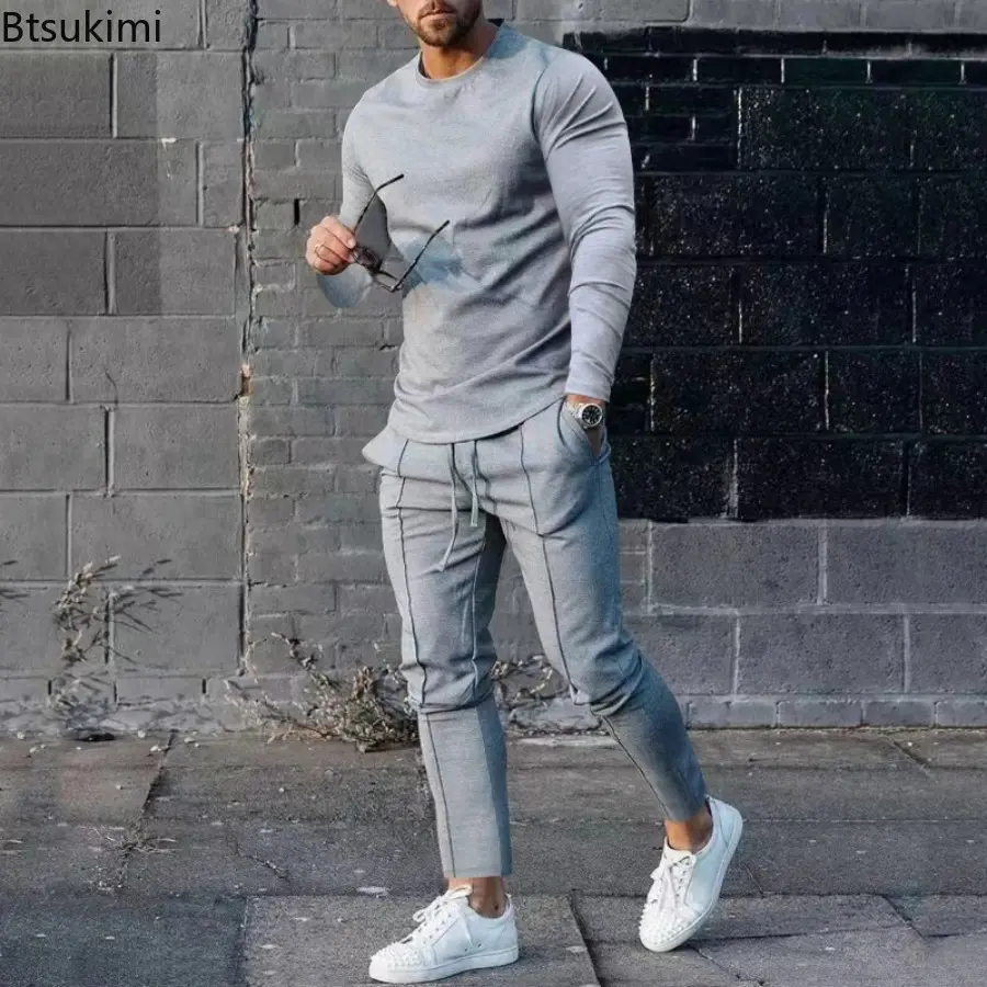 2025 Spring New Men's Casual Sport Two-pieces Fashion Solid Long Sleeve O-neck T-shirt and Sweatpants Suits Men Tracksuit Outfit