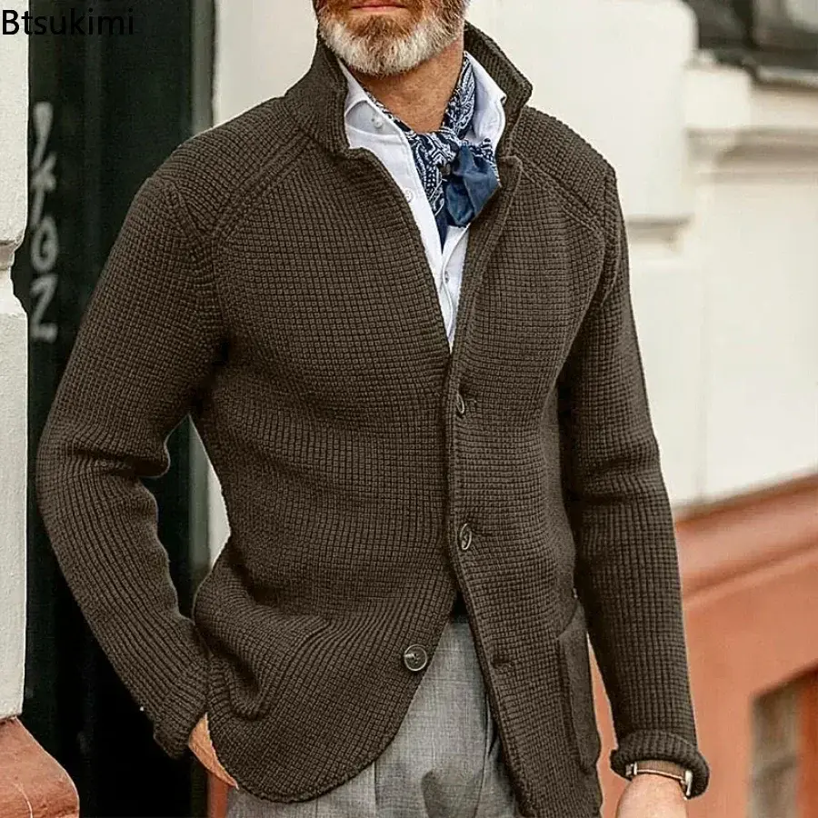 New Men's Long Sleeve Knitted Sweater 2025 Autumn Winter Thick Warm Stand Collar Cardigan Jacket Male Solid Casual Sweater Coats