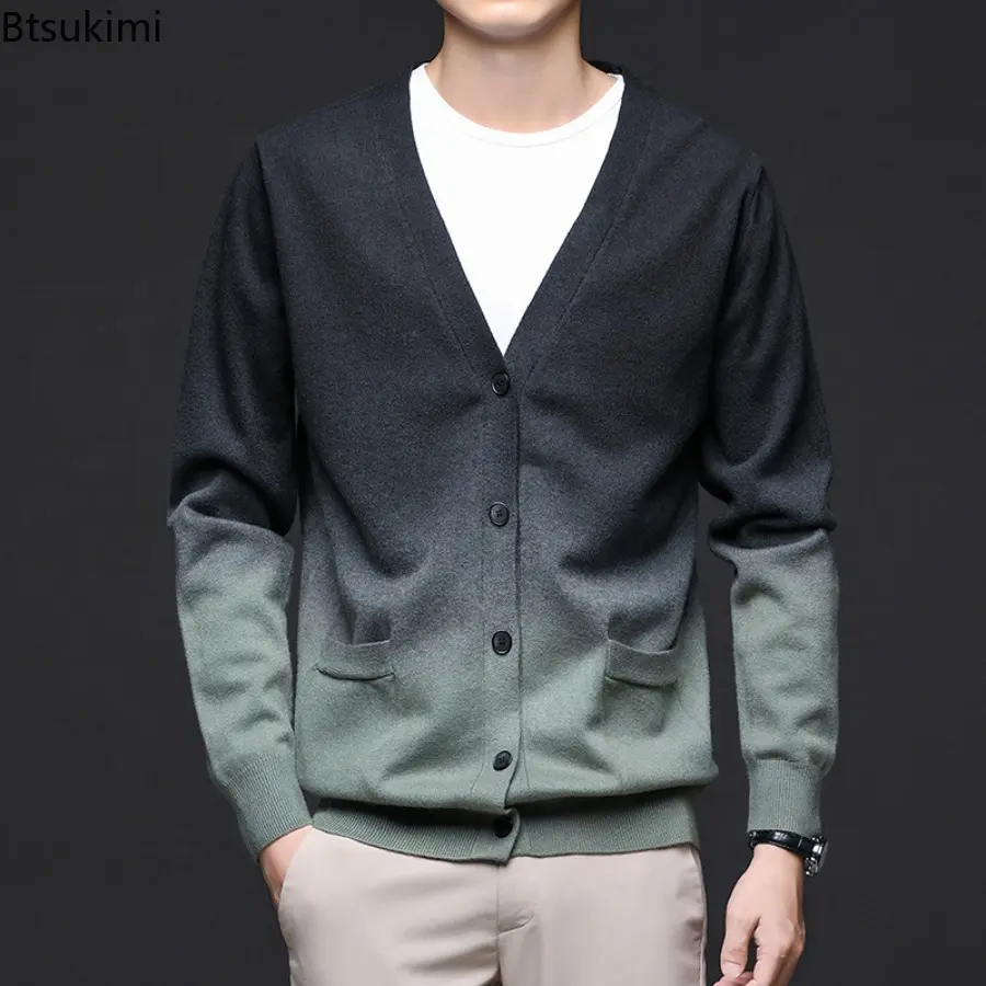 2025 Autumn Men's Slim Fit Knit Sweater Men Contrast Color Knitted Cardigan Men Casual V-Neck Sweatercoat Male Thin Outerwear