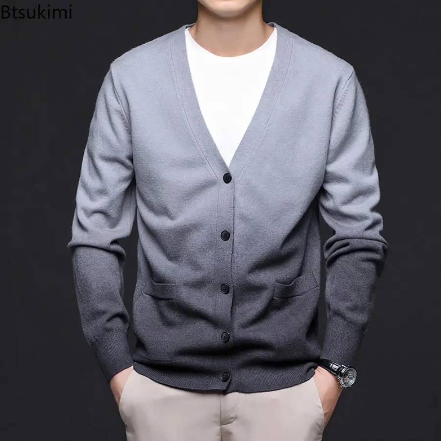 2025 Autumn Men's Slim Fit Knit Sweater Men Contrast Color Knitted Cardigan Men Casual V-Neck Sweatercoat Male Thin Outerwear
