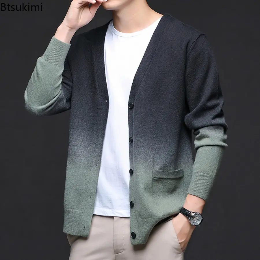 2025 Autumn Men's Slim Fit Knit Sweater Men Contrast Color Knitted Cardigan Men Casual V-Neck Sweatercoat Male Thin Outerwear