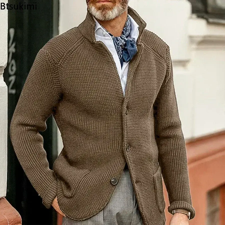 New Men's Long Sleeve Knitted Sweater 2025 Autumn Winter Thick Warm Stand Collar Cardigan Jacket Male Solid Casual Sweater Coats