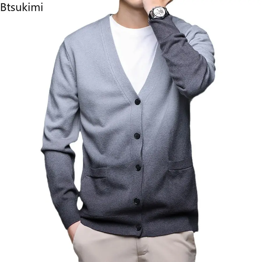 2025 Autumn Men's Slim Fit Knit Sweater Men Contrast Color Knitted Cardigan Men Casual V-Neck Sweatercoat Male Thin Outerwear