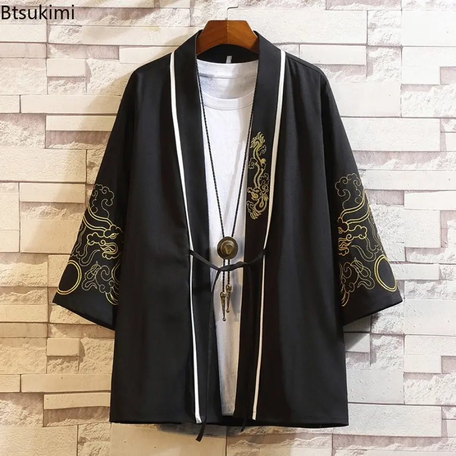 Chinese Style Men's Fashion Loose Casual Cardigan Kimono Men Hanfu Lace Up Vintage Embroiderd Tops Thin Jacket Coats Tang Suit