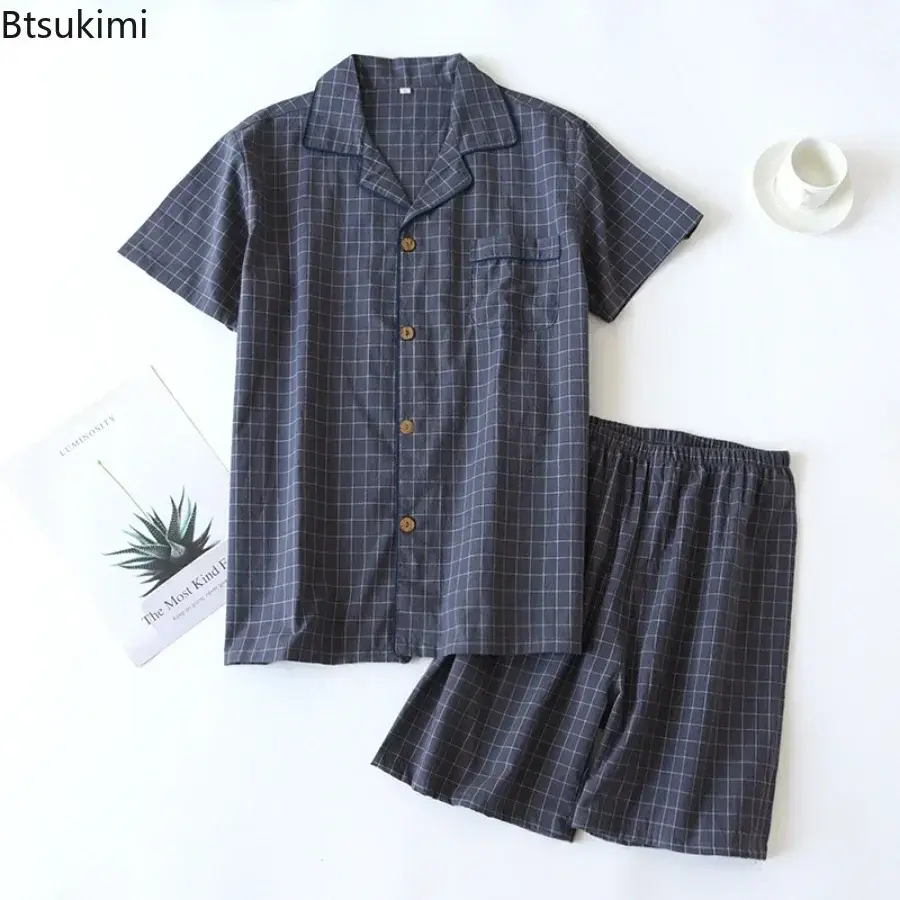 New Men's Casual Cotton Pajama Sets Japanese Style Plaid Thin Short Sleeve Tops+Shorts Homewear Suit Summer Men Simple Sleepwear