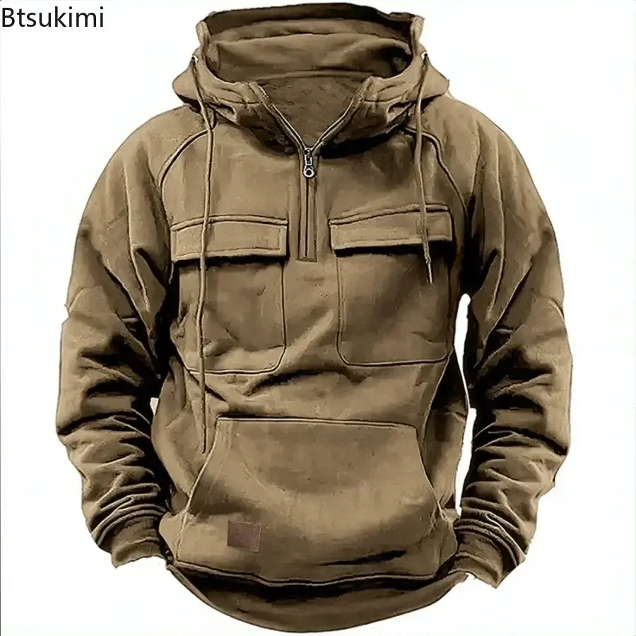 2025 Men's Hoodies Tactical Sweatshirts Half Zip Cargo Pullover with Big Pocket Men Outdoor Sports Gym Fitness Coats Loose Tops