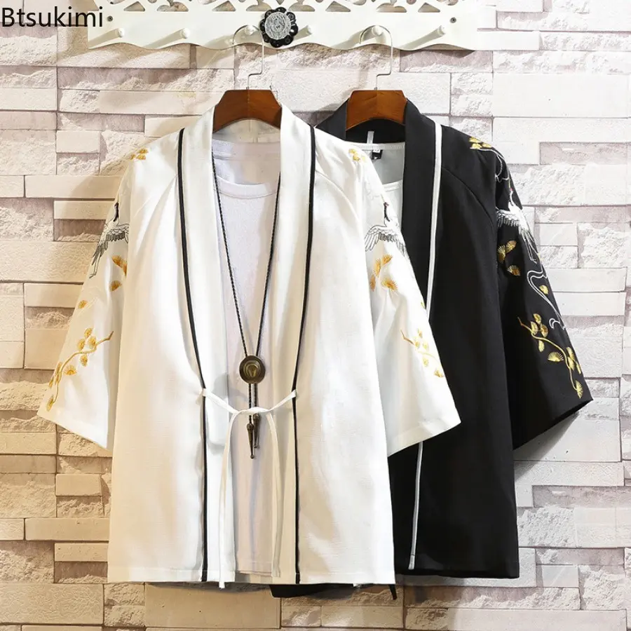 Chinese Style Men's Fashion Loose Casual Cardigan Kimono Men Hanfu Lace Up Vintage Embroiderd Tops Thin Jacket Coats Tang Suit