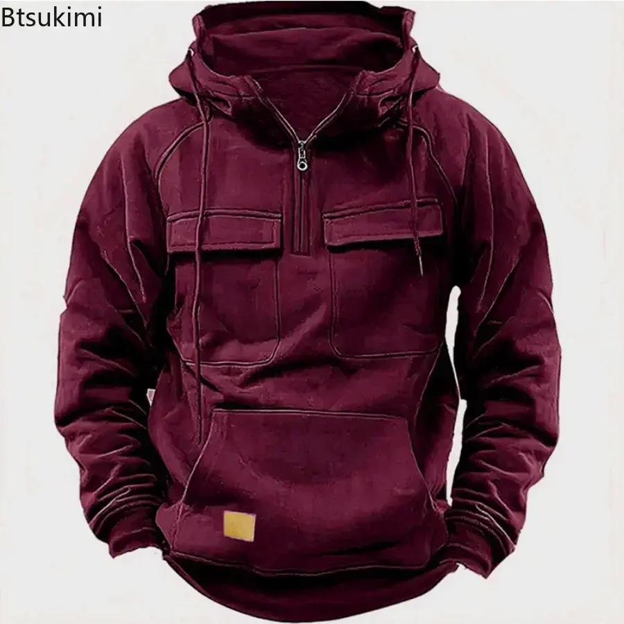 2025 Men's Hoodies Tactical Sweatshirts Half Zip Cargo Pullover with Big Pocket Men Outdoor Sports Gym Fitness Coats Loose Tops