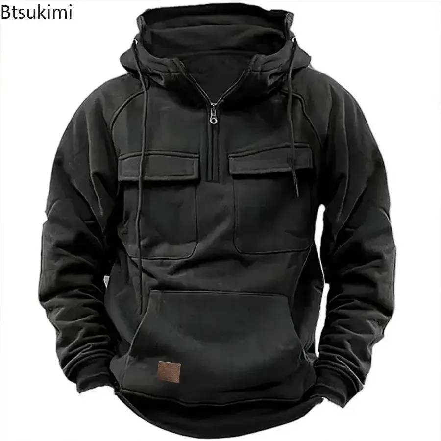 2025 Men's Hoodies Tactical Sweatshirts Half Zip Cargo Pullover with Big Pocket Men Outdoor Sports Gym Fitness Coats Loose Tops