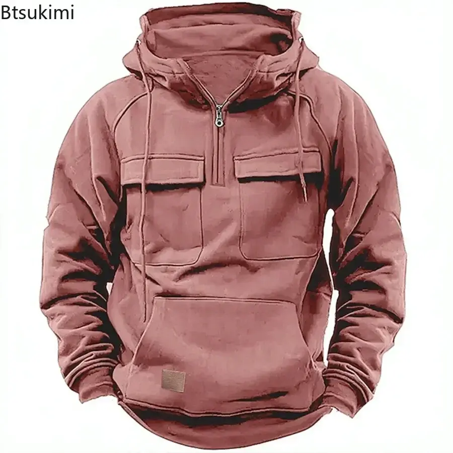 2025 Men's Hoodies Tactical Sweatshirts Half Zip Cargo Pullover with Big Pocket Men Outdoor Sports Gym Fitness Coats Loose Tops