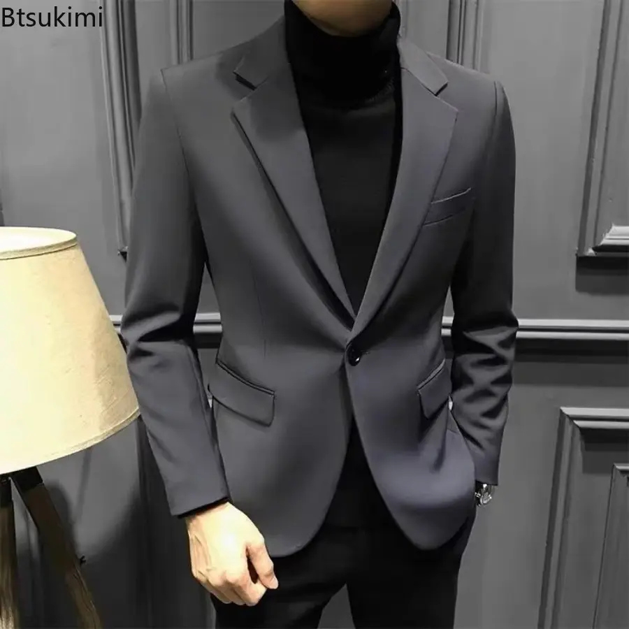 2025 Spring Autumn Men's Elegant Blazer Simple Slim Fit Single Button Suit Jacket Coats Fashionable Business Casual Small Suit