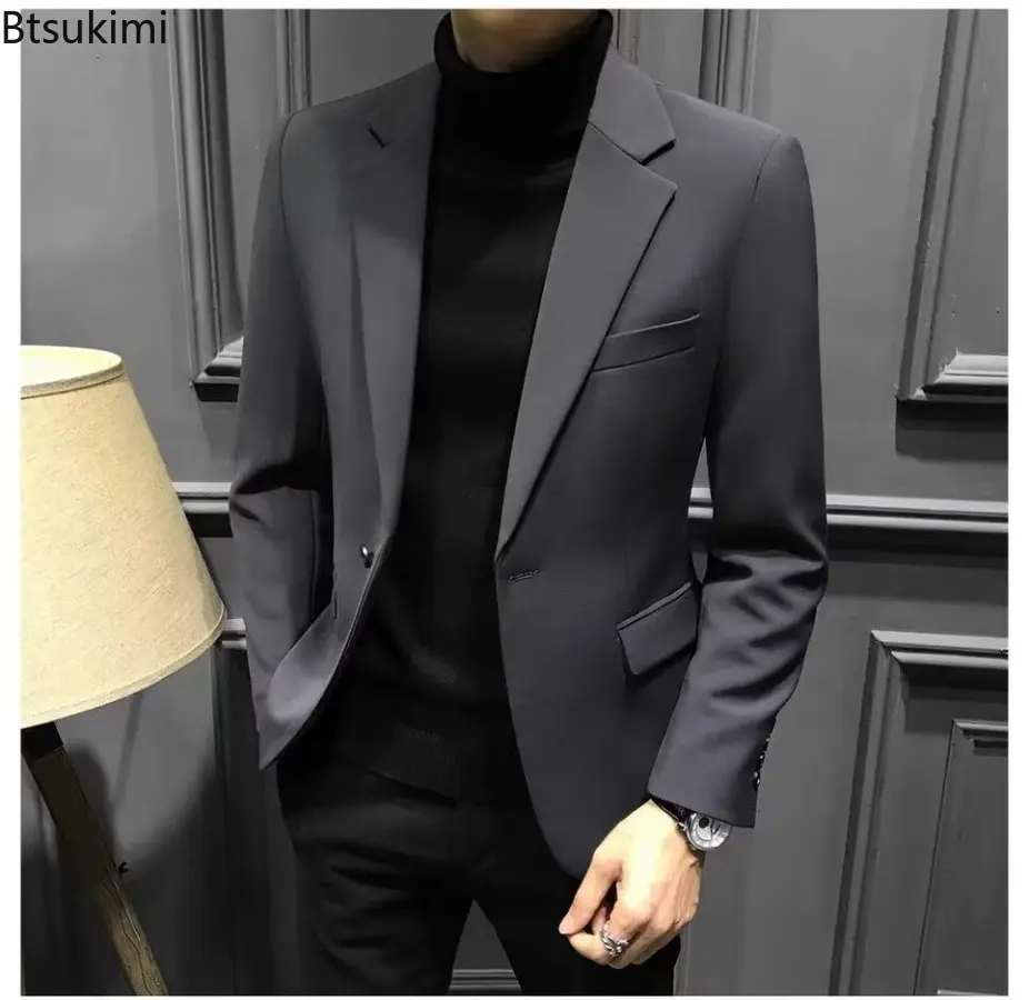 2025 Spring Autumn Men's Elegant Blazer Simple Slim Fit Single Button Suit Jacket Coats Fashionable Business Casual Small Suit
