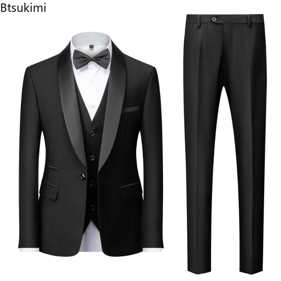2025 New Men's Mariage Colorblock Collar Suits Fashion Slim Blazer Vest Trousers 3 Pieces Sets Man Business Casual Wedding Dress