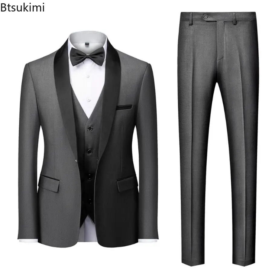 2025 New Men's Mariage Colorblock Collar Suits Fashion Slim Blazer Vest Trousers 3 Pieces Sets Man Business Casual Wedding Dress