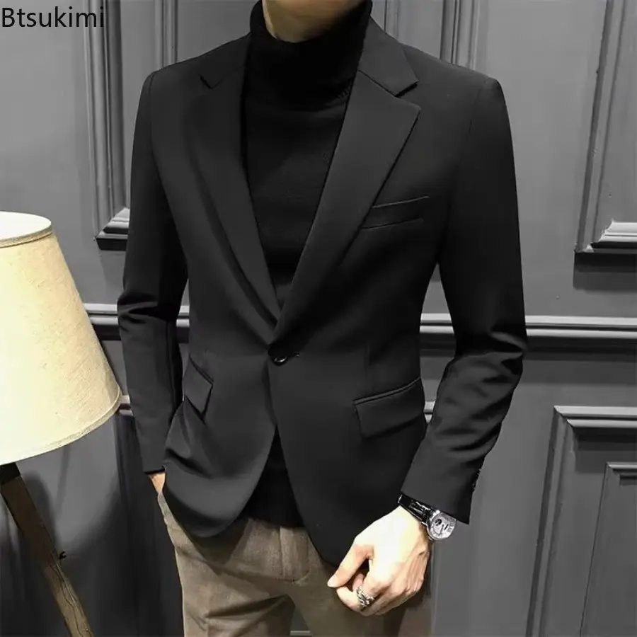 2025 Spring Autumn Men's Elegant Blazer Simple Slim Fit Single Button Suit Jacket Coats Fashionable Business Casual Small Suit