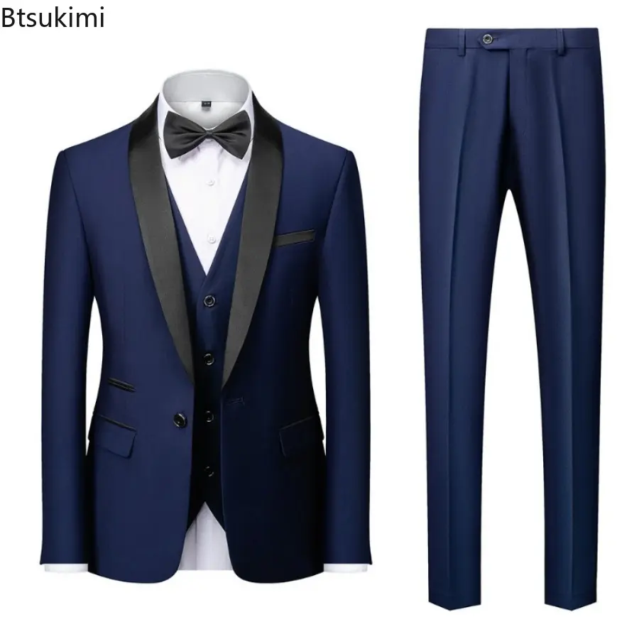 2025 New Men's Mariage Colorblock Collar Suits Fashion Slim Blazer Vest Trousers 3 Pieces Sets Man Business Casual Wedding Dress