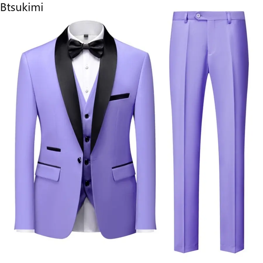 2025 New Men's Mariage Colorblock Collar Suits Fashion Slim Blazer Vest Trousers 3 Pieces Sets Man Business Casual Wedding Dress