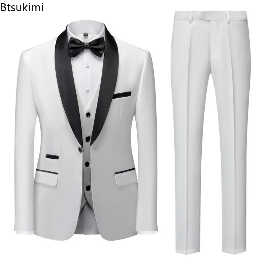 2025 New Men's Mariage Colorblock Collar Suits Fashion Slim Blazer Vest Trousers 3 Pieces Sets Man Business Casual Wedding Dress