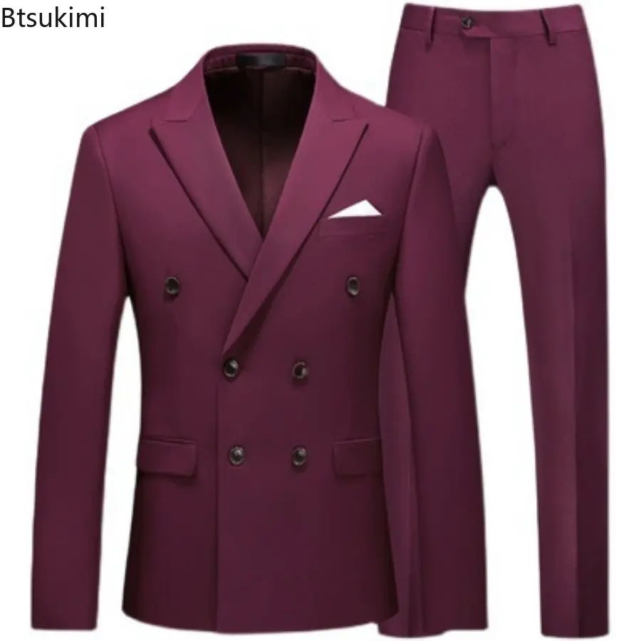 2025 Fashion Men's Boutique Luxury Blazer Coat+Pants 2PCS Sets Solid Double-breasted Slim Business Casual Men Suits Plus Size6XL