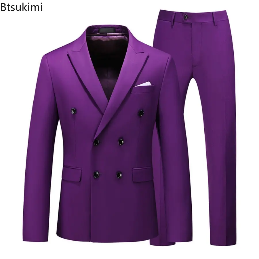 2025 Fashion Men's Boutique Luxury Blazer Coat+Pants 2PCS Sets Solid Double-breasted Slim Business Casual Men Suits Plus Size6XL