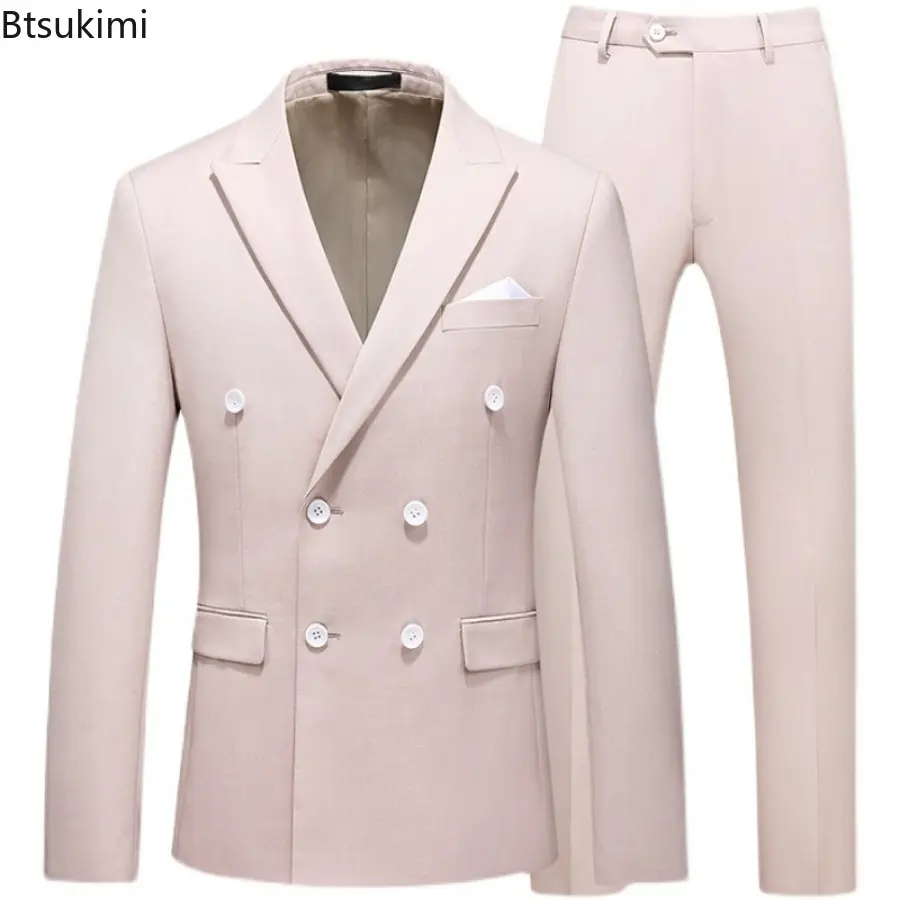 2025 Fashion Men's Boutique Luxury Blazer Coat+Pants 2PCS Sets Solid Double-breasted Slim Business Casual Men Suits Plus Size6XL