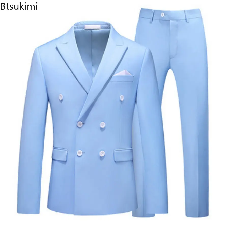 2025 Fashion Men's Boutique Luxury Blazer Coat+Pants 2PCS Sets Solid Double-breasted Slim Business Casual Men Suits Plus Size6XL