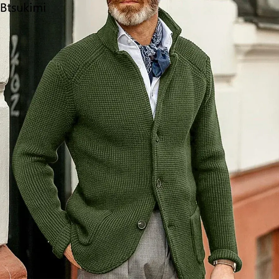 2025 Men's Elegant Casual Knitted Sweater Coats Solid Long Sleeve Stand Collar Buttons Cardigan Jackets Male Thick Warm Sweaters