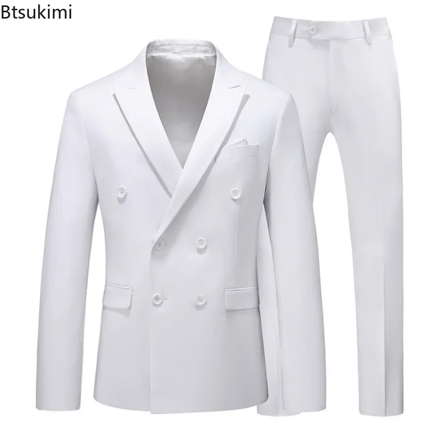 2025 Fashion Men's Boutique Luxury Blazer Coat+Pants 2PCS Sets Solid Double-breasted Slim Business Casual Men Suits Plus Size6XL