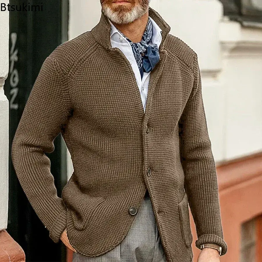 2025 Men's Elegant Casual Knitted Sweater Coats Solid Long Sleeve Stand Collar Buttons Cardigan Jackets Male Thick Warm Sweaters
