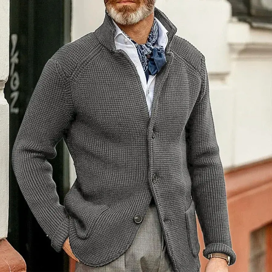 2025 Men's Elegant Casual Knitted Sweater Coats Solid Long Sleeve Stand Collar Buttons Cardigan Jackets Male Thick Warm Sweaters