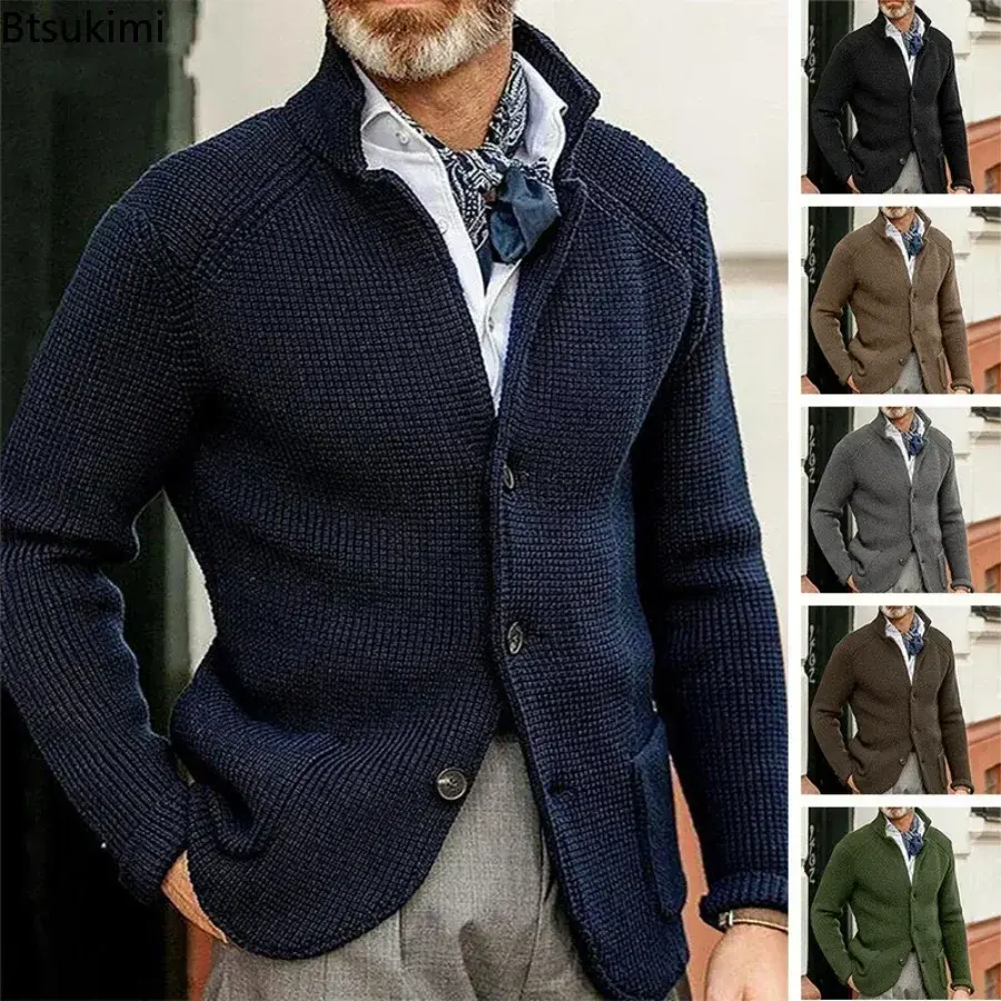 2025 Men's Elegant Casual Knitted Sweater Coats Solid Long Sleeve Stand Collar Buttons Cardigan Jackets Male Thick Warm Sweaters