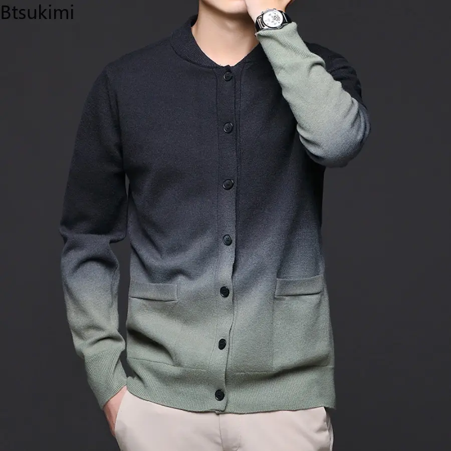New Men's Cardigan Sweatcoats Long Sleeve Round Neck Button Knitted Sweaters with Pockets Lightweight Solid Color Outerwear