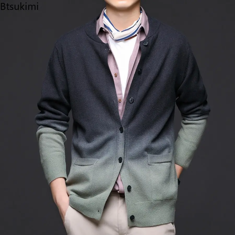 New Men's Cardigan Sweatcoats Long Sleeve Round Neck Button Knitted Sweaters with Pockets Lightweight Solid Color Outerwear