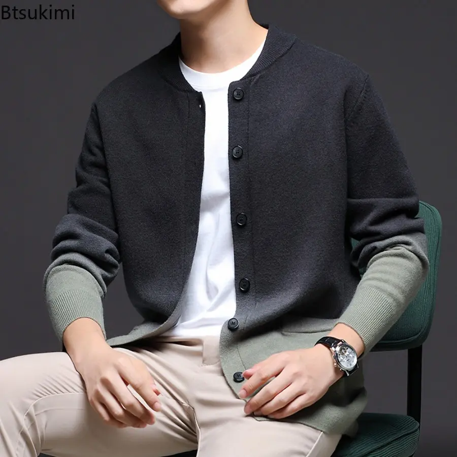 New Men's Cardigan Sweatcoats Long Sleeve Round Neck Button Knitted Sweaters with Pockets Lightweight Solid Color Outerwear