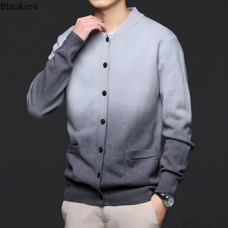 New Men's Cardigan Sweatcoats Long Sleeve Round Neck Button Knitted Sweaters with Pockets Lightweight Solid Color Outerwear