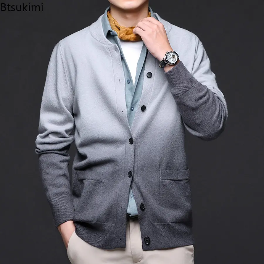 New Men's Cardigan Sweatcoats Long Sleeve Round Neck Button Knitted Sweaters with Pockets Lightweight Solid Color Outerwear