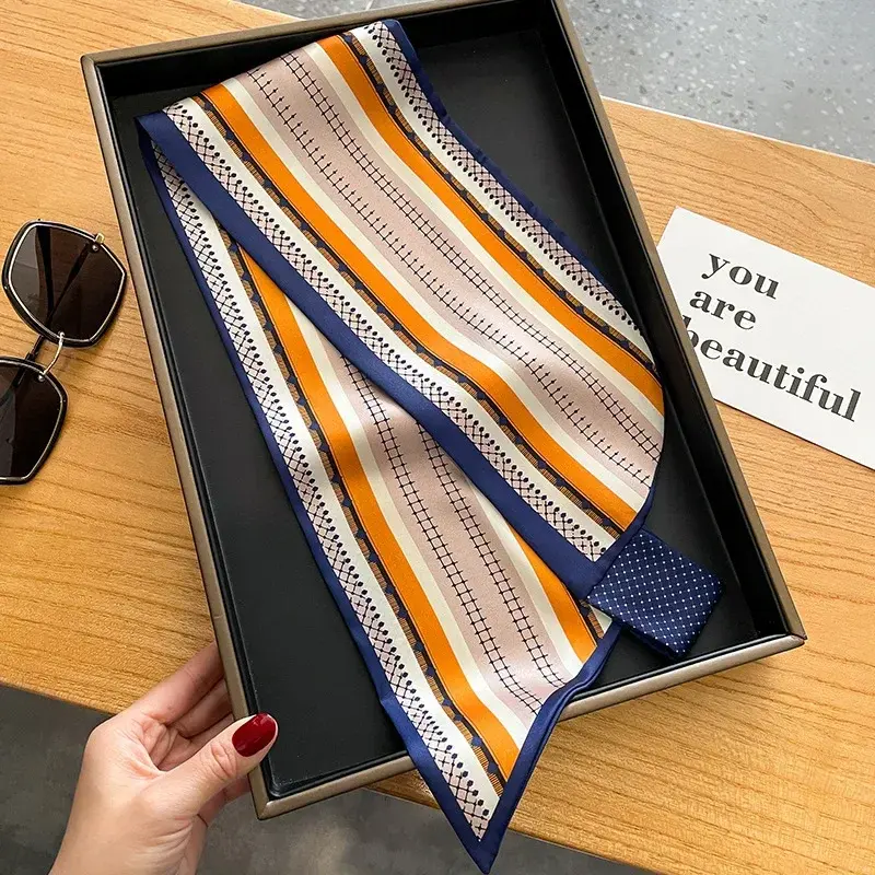 Luxury Stripe Skinny Silk Scarfs Women Foulard Neckerchief Lady Bag Ribbons Office Soft Satin Neck Tie Female Hairband Gift