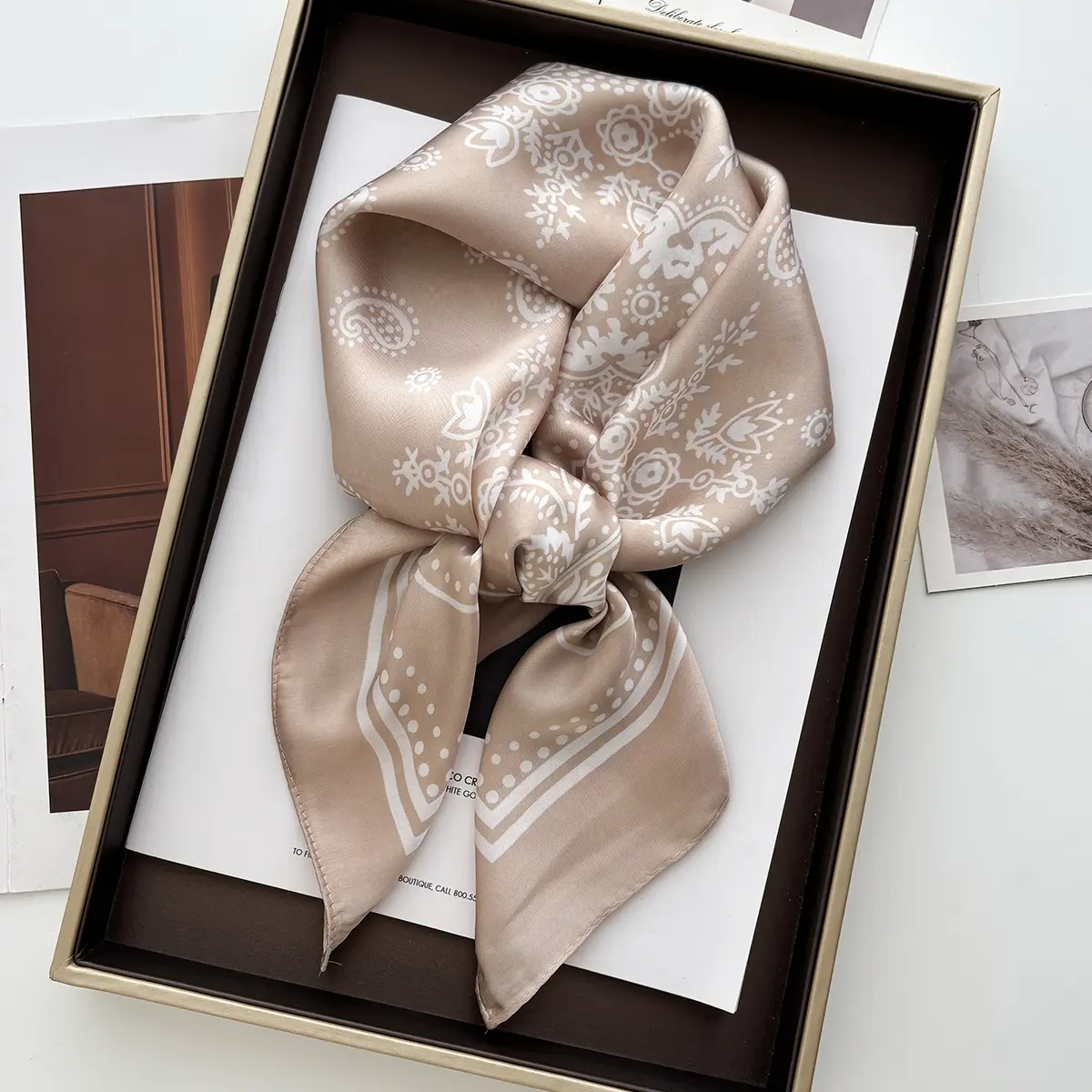 New Elegant Orchid Print Shawl Square Scarf for Women Soft Satin Neckerchief Female Hair Bands Ribbon Headband Bandana