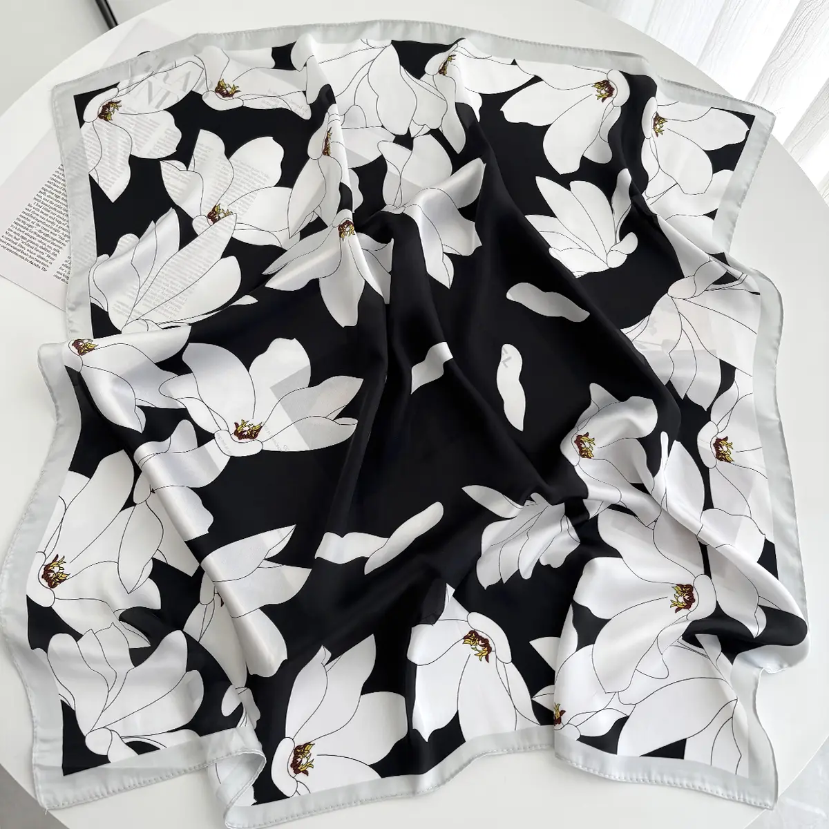 New Flowers Print Shawl Square Scarf for Women Satin Fashion Wraps Neckerchief Female Hair Bands Ribbon Headband Bandana