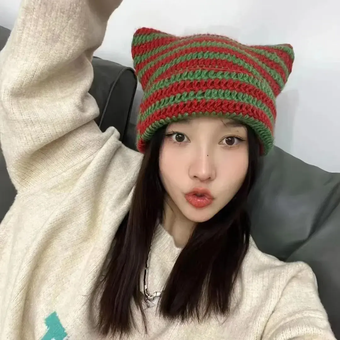 New Japanese Streetwear Harajuku Beanie Little Devil Striped Knitted Hat Women Girls Autumn Winter Cute Cat Ears Cap