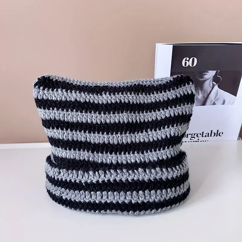 New Japanese Streetwear Harajuku Beanie Little Devil Striped Knitted Hat Women Girls Autumn Winter Cute Cat Ears Cap