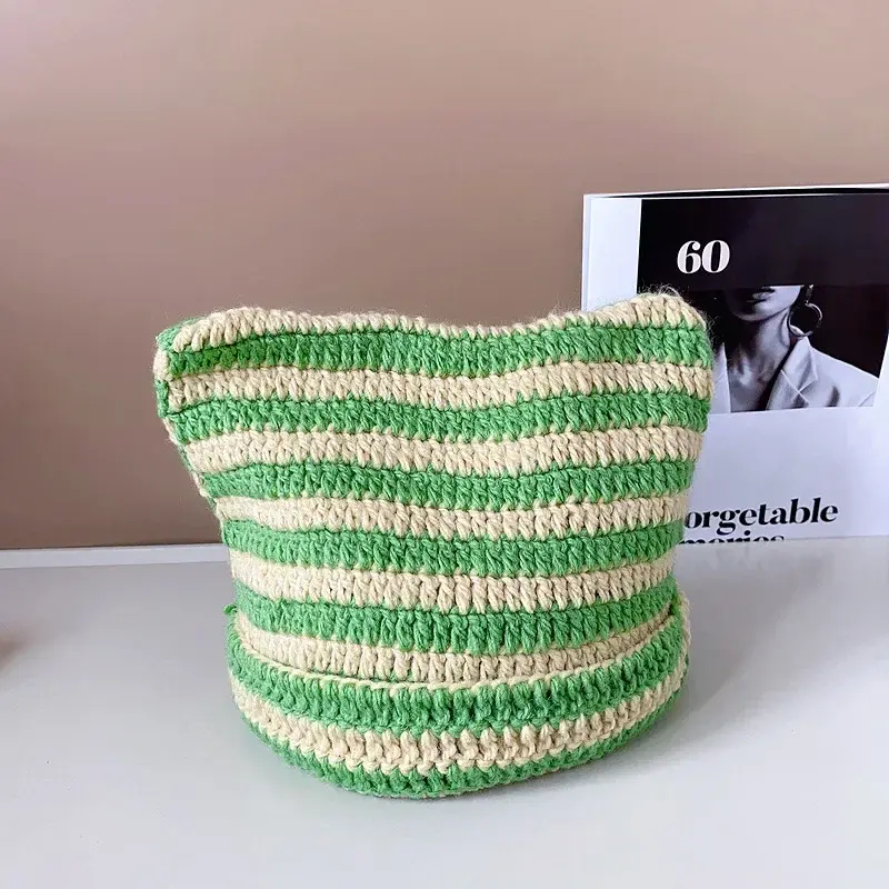 New Japanese Streetwear Harajuku Beanie Little Devil Striped Knitted Hat Women Girls Autumn Winter Cute Cat Ears Cap