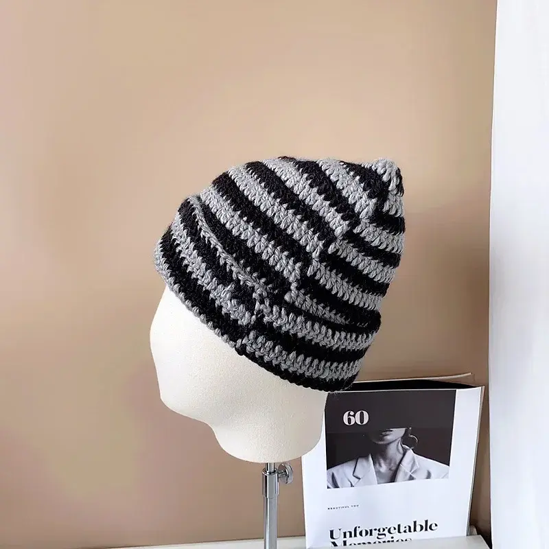New Japanese Streetwear Harajuku Beanie Little Devil Striped Knitted Hat Women Girls Autumn Winter Cute Cat Ears Cap