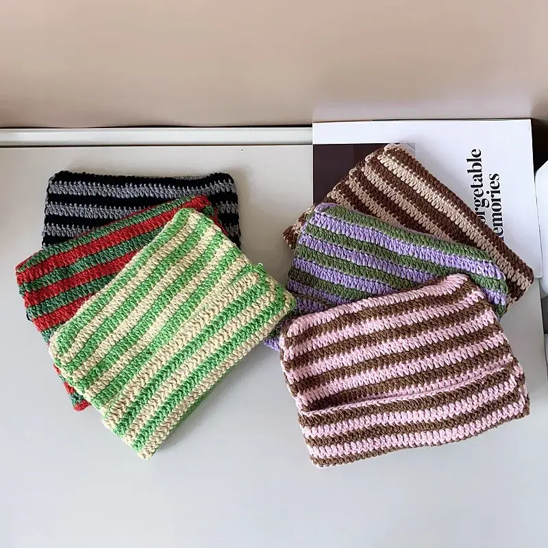 New Japanese Streetwear Harajuku Beanie Little Devil Striped Knitted Hat Women Girls Autumn Winter Cute Cat Ears Cap