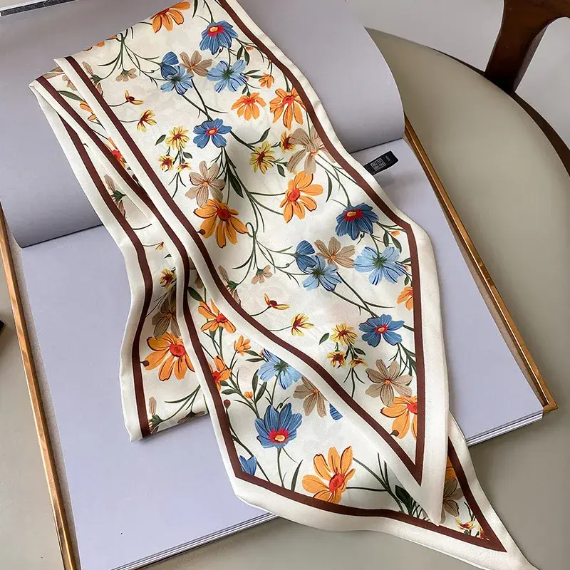 Spring/Summer Elegant Stylish Flower Lightweight Scarf  With Diagonal Corners For Women Purse Streamer Soft Satin Neckerchief