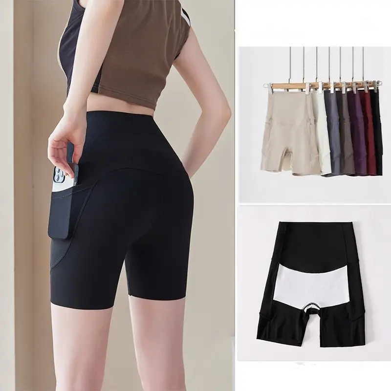 Summer Belly-tightening Buttock Lifting Fitness Yoga Three-quarter Pants for Women Cycling Pocket Sports Shorts for Outer Wear