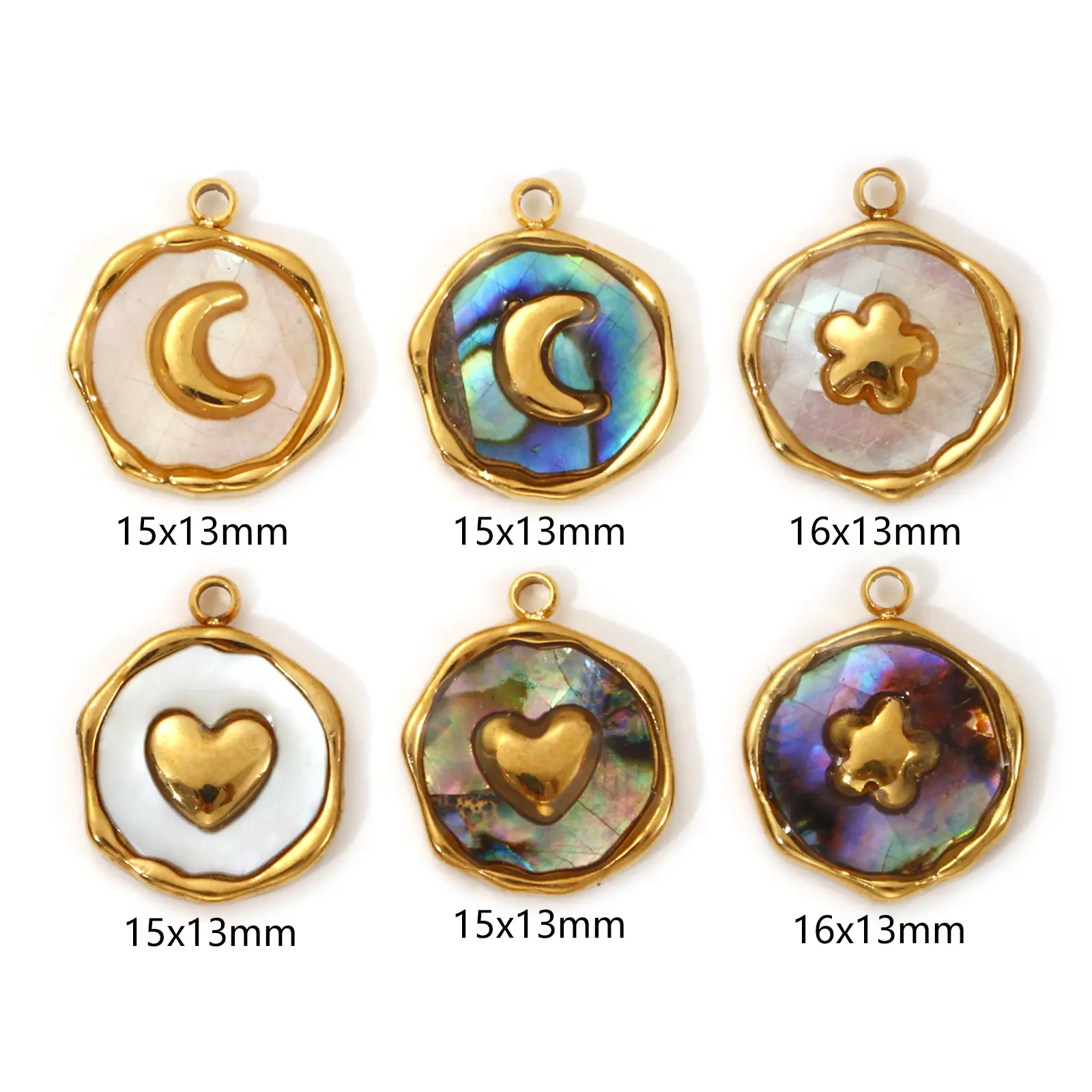 2 PCs 304 Stainless Steel & Natural Shell Charms Irregular Round Moon Heart Flower 18K Real Gold Plated Pendants DIY Necklace