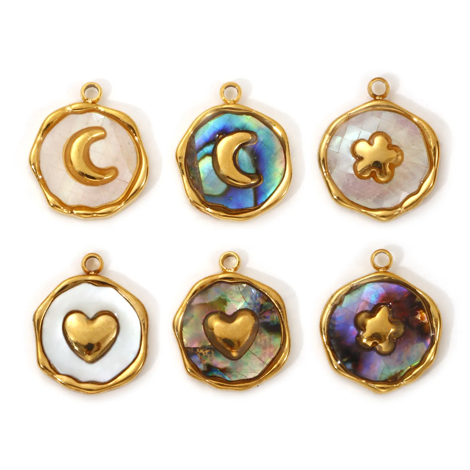 2 PCs 304 Stainless Steel & Natural Shell Charms Irregular Round Moon Heart Flower 18K Real Gold Plated Pendants DIY Necklace