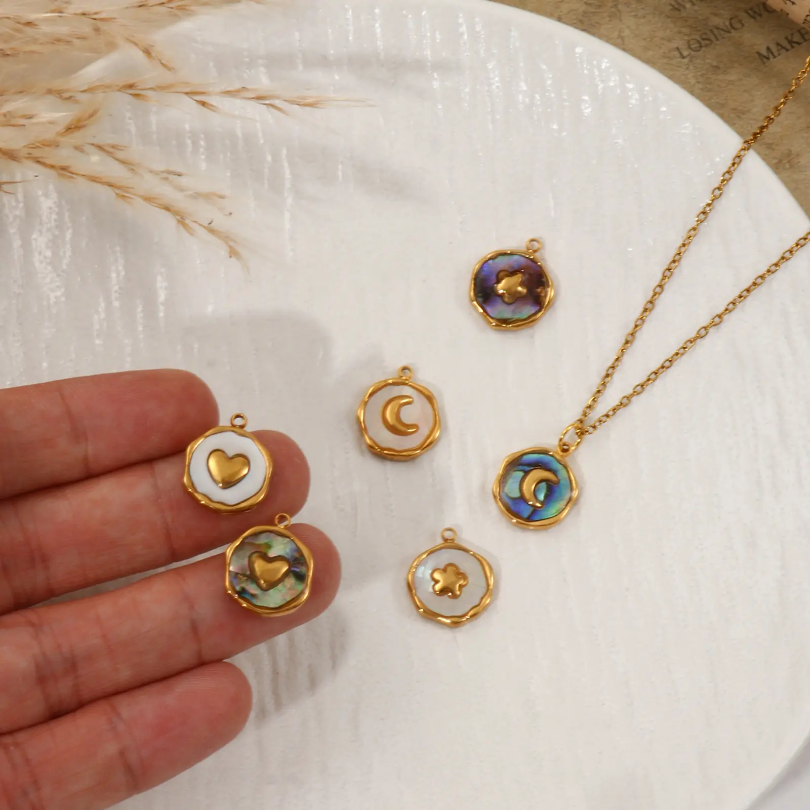 2 PCs 304 Stainless Steel & Natural Shell Charms Irregular Round Moon Heart Flower 18K Real Gold Plated Pendants DIY Necklace